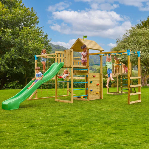 TP Toys Skywood Wooden Tower Climbing Frame with Super Wavy Slide, Sky Deck, Monkey Bars, Skyline with Rapide Swing Seat, Skybridge & Mini play tower (COLLECTION OR DUBLIN DELIVERY ONLY. DELIVERY USUALLY WITHIN 2-4 WEEKS)