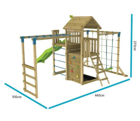 TP Toys Skywood Wooden Tower Climbing Frame with Super Wavy Slide, Sky Deck, Monkey Bars & Skyline with Rapide Swing Seat (COLLECTION OR DUBLIN DELIVERY ONLY. DELIVERY USUALLY WITHIN 2-4 WEEKS)