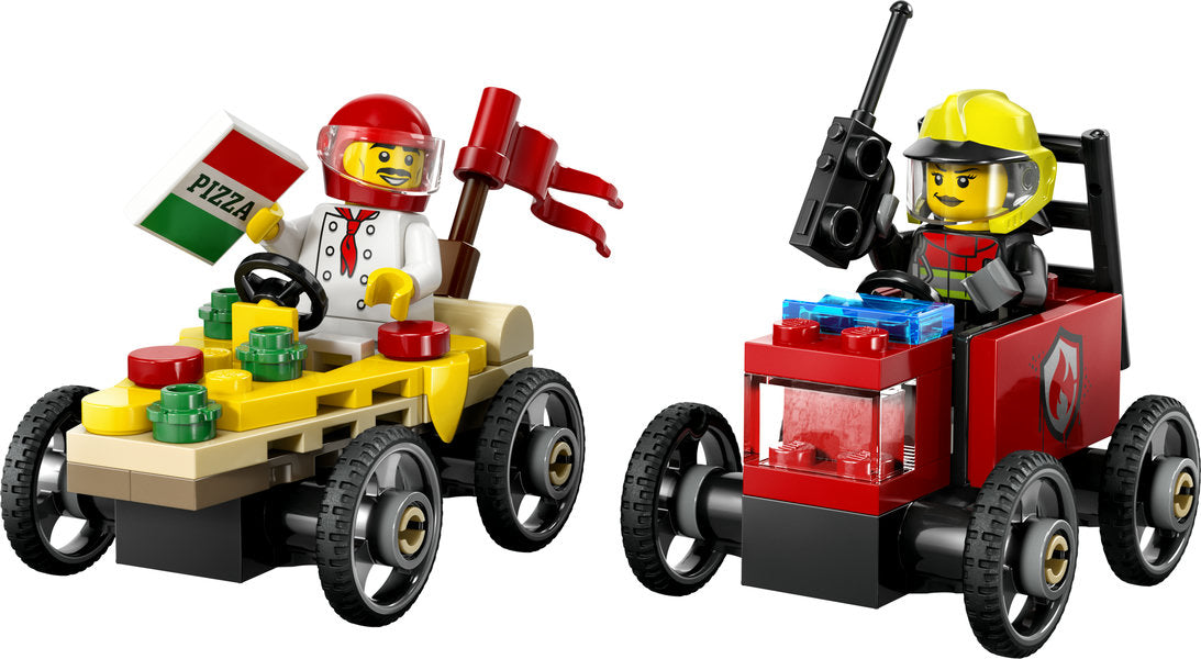 Lego Pizza vs. Fire Truck Race Car