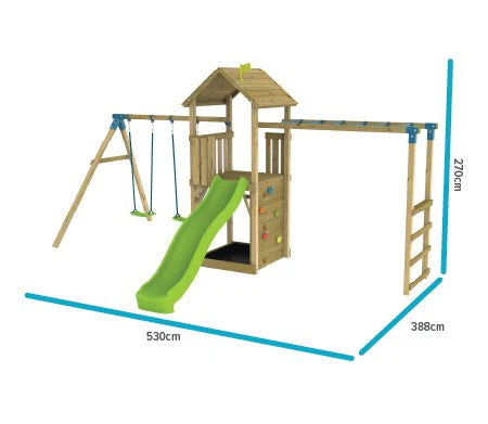 TP Toys Skywood Wooden Tower Climbing Frame with Ripple Slide, Monkey Bars & Double Swing Arm - pre-order by June 14th for delivery end of June