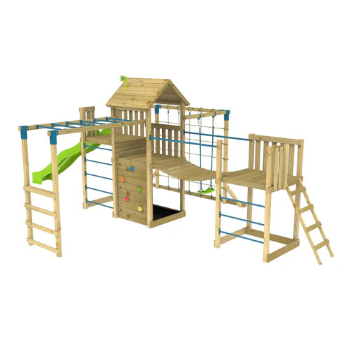 TP Toys Skywood Wooden Tower Climbing Frame with Super Wavy Slide, Sky Deck, Monkey Bars, Skyline with Rapide Swing Seat, Skybridge & Mini play tower (COLLECTION OR DUBLIN DELIVERY ONLY. DELIVERY USUALLY WITHIN 2-4 WEEKS)