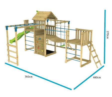 TP Toys Skywood Wooden Tower Climbing Frame with Super Wavy Slide, Sky Deck, Monkey Bars, Skyline with Rapide Swing Seat, Skybridge & Mini play tower (COLLECTION OR DUBLIN DELIVERY ONLY. DELIVERY USUALLY WITHIN 2-4 WEEKS)
