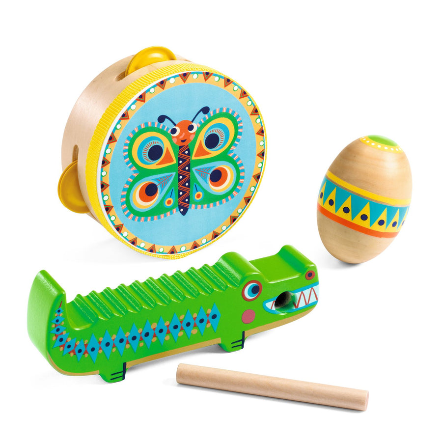 Djeco Percussion set: tambourine, maracas, guiro