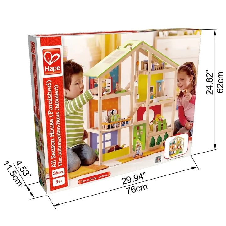 Hape All Seasons Wooden Dollhouse | 3-Story Furnished Kids Playset