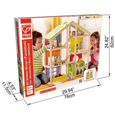 Hape All Seasons Wooden Dollhouse | 3-Story Furnished Kids Playset