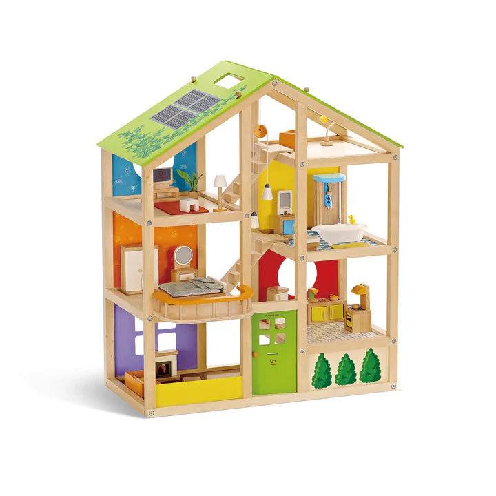 Hape All Seasons Wooden Dollhouse | 3-Story Furnished Kids Playset