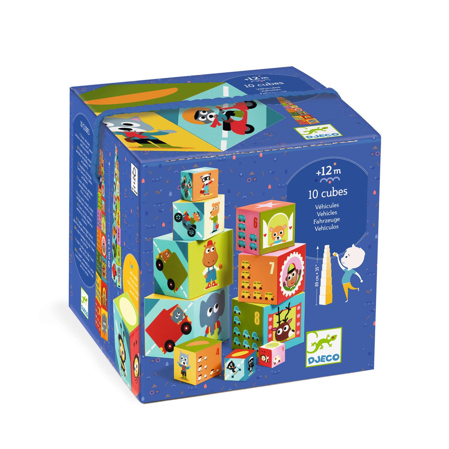 Djeco 10 Stackable Cube Blocks: Vehicles