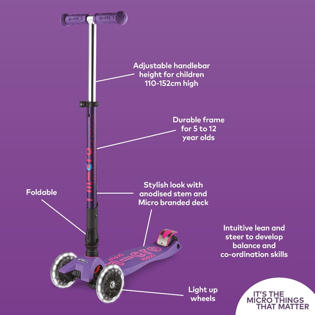 MAXI MICRO LED DELUXE FOLDABLE SCOOTER PURPLE Nimble Fingers
