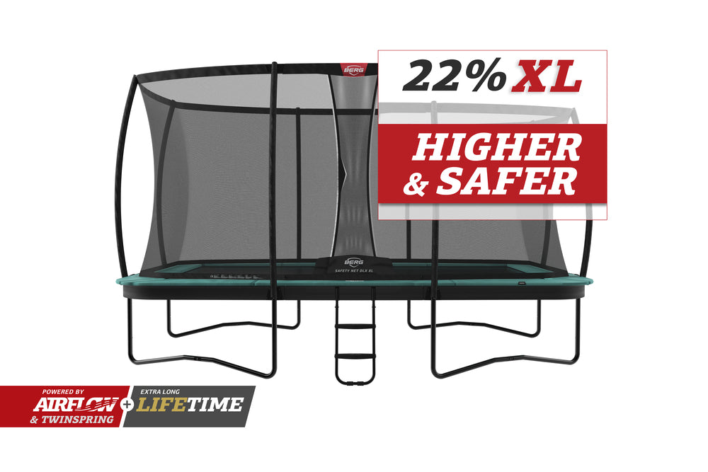 BERG Ultim Champion Regular 13.5 x 8ft Trampoline + SAFETY NET DLX XL + LADDER